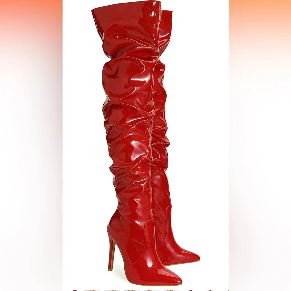PLT Red Patent Leather Thigh High Slouch Pointed Toe Over The Knee Boots 10 - Picture 6 of 11
